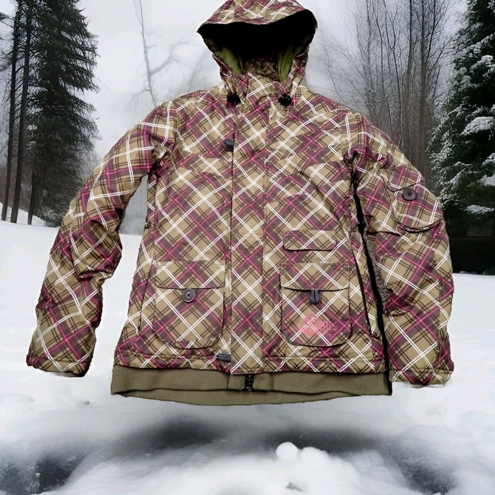 Sims Snowboard‎ Jacket Womens XS Olive Pink Plaid Excellent Insulated Hooded